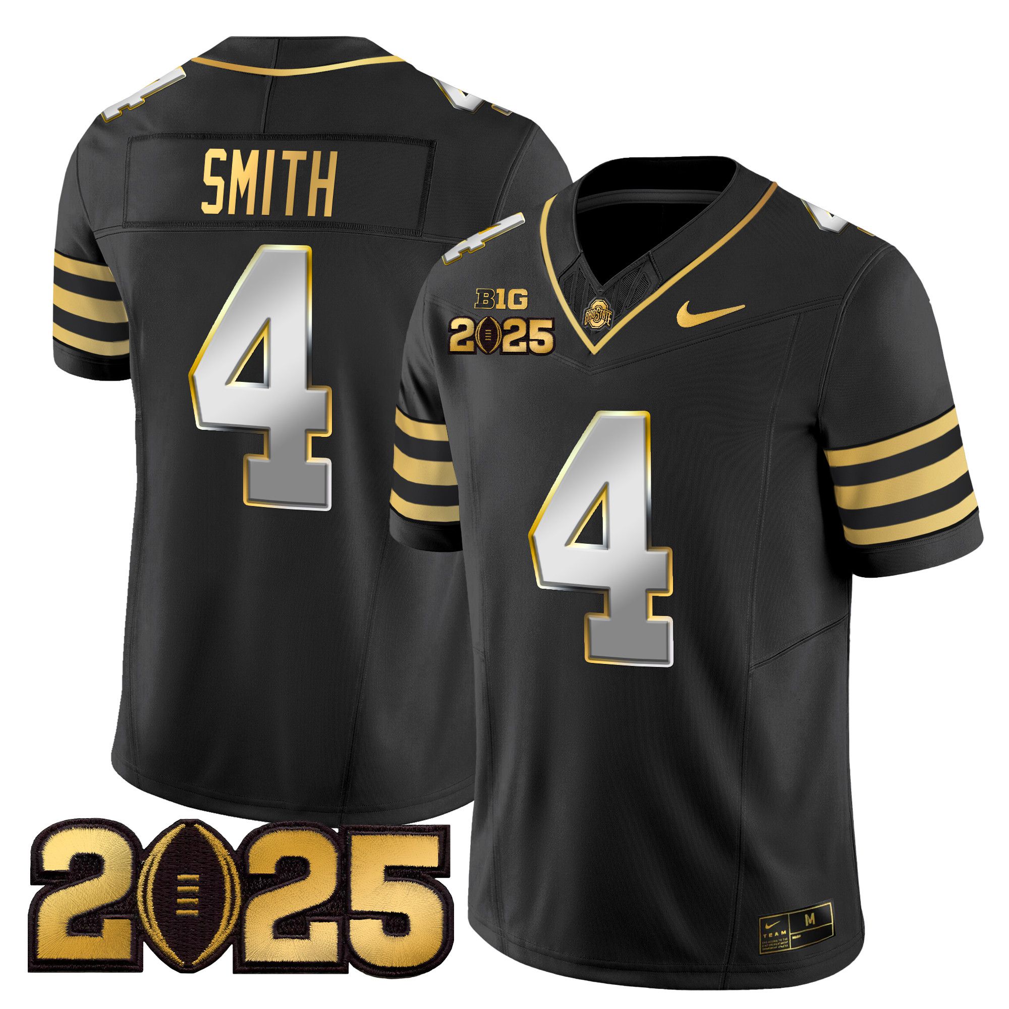 Men Ohio State Buckeyes #4 Smith Black 2025 CFP Final Patch Gold Vapor Limited NCAA Jersey style 2